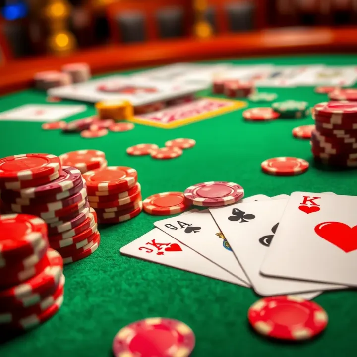 Colorful casino chips and playing cards on a green felt table representing Fair Go Casino bonuses