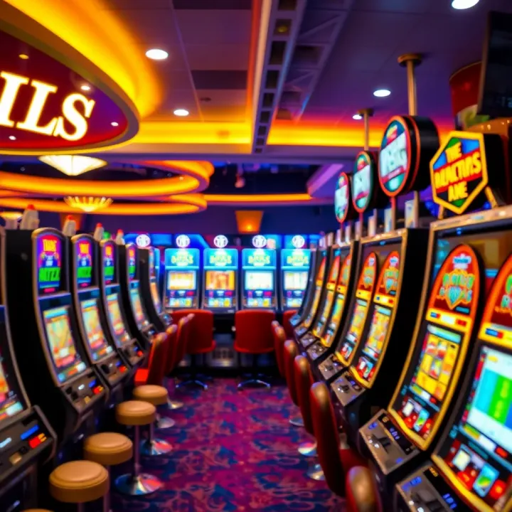 Traditional Pokies in Australian Casinos Brightly lit Australian casino showcasing rows of traditional slot machines with colorful screens