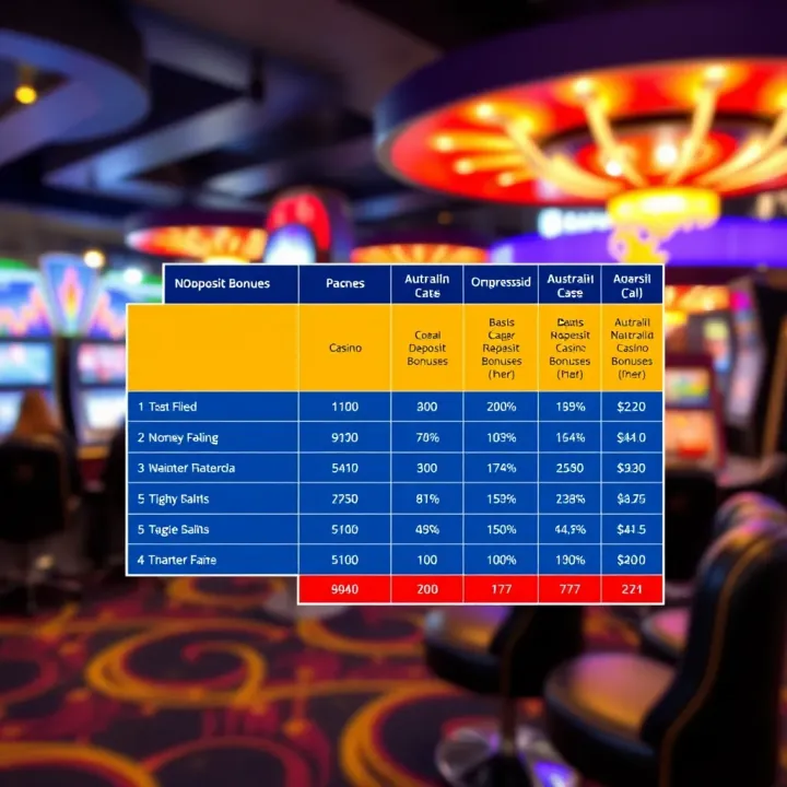 Comparison chart of various no deposit casino bonuses available to Australian players