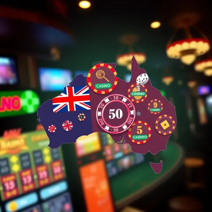 Illustration of an Australian map with icons representing online casino gaming and free bonus codes