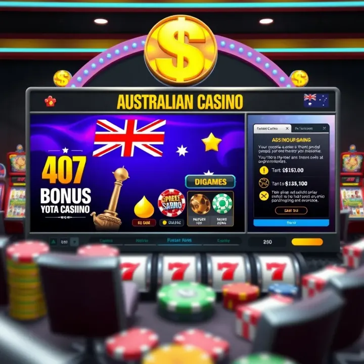 Illustration of Australian-themed online casino platform featuring bonus offers and responsible gaming icons