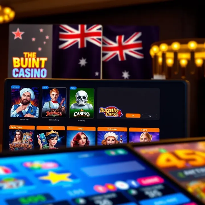 Digital interface displaying various online casino games with Australian flag in background