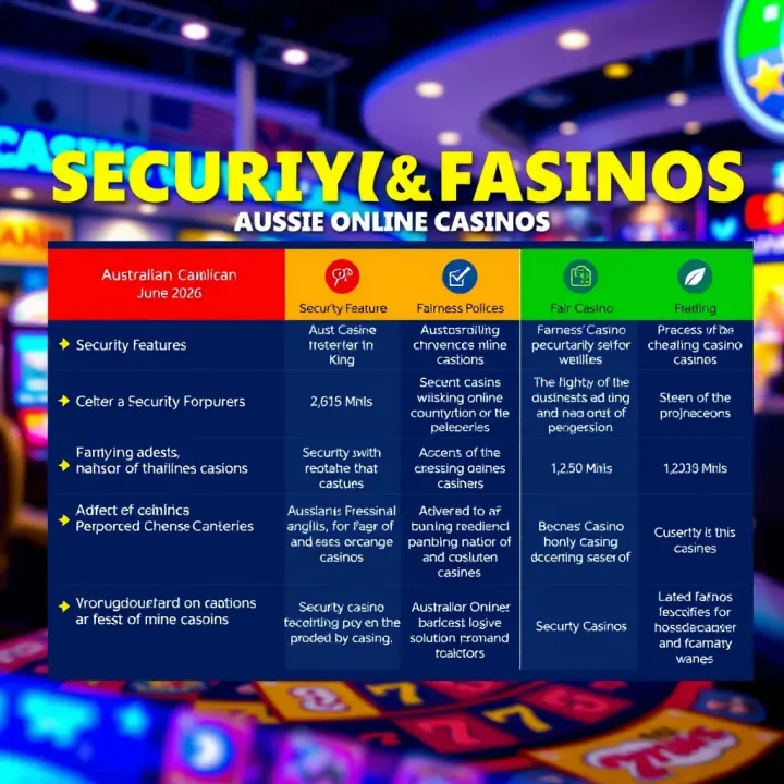 Security and Fairness Comparison of Aussie Online Casinos Visual comparison chart highlighting security features and fairness policies of Australian online casinos including Fair Go Casino