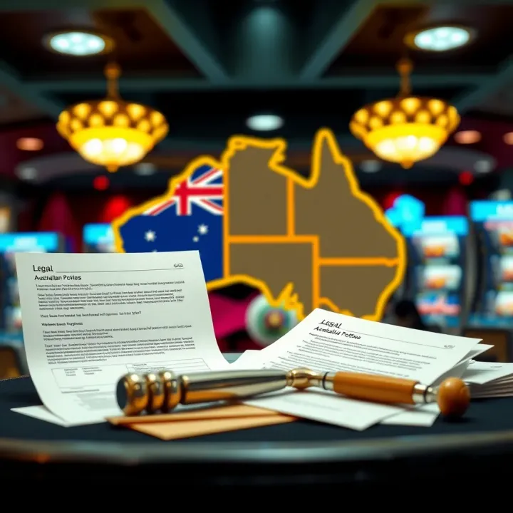 Illustration of legal documents and gambling regulations with Australian map in background