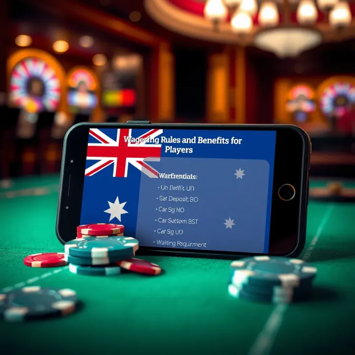Graphic depicting Australian flag overlaying casino chips and a mobile device displaying wagering requirements