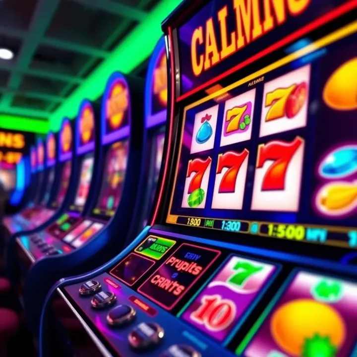 Vibrant Online Pokies Display with Classic Symbols Colorful online slot machine interface with symbols like fruits and gems
