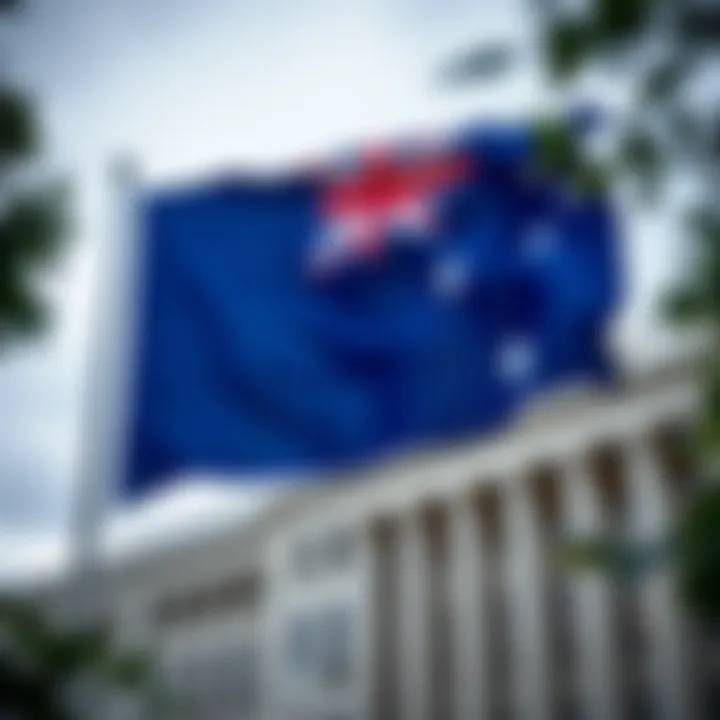 Australian flag waving over a government building symbolizing justice and equal opportunity