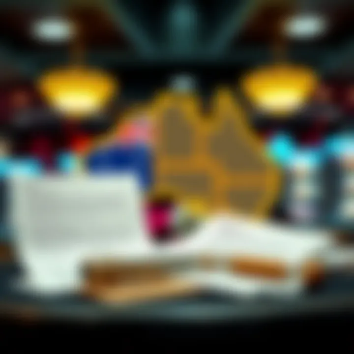 Illustration of legal documents and gambling regulations with Australian map in background