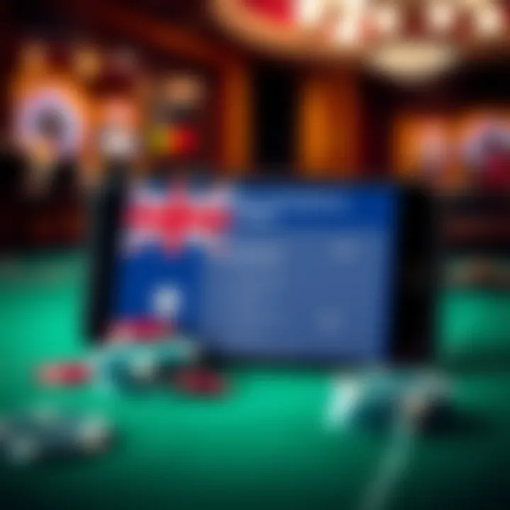 Graphic depicting Australian flag overlaying casino chips and a mobile device displaying wagering requirements