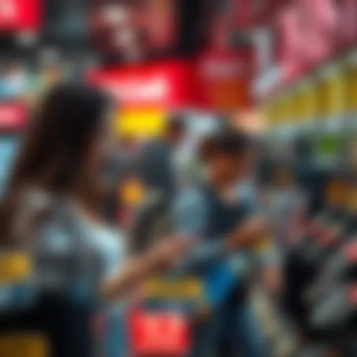 Shoppers examining electronic products with price tags highlighting value and fairness at Dick Smith