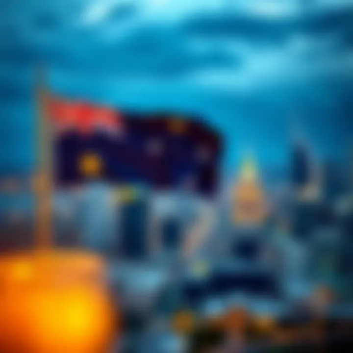 Australian flag waving over a diverse urban skyline representing fairness and opportunity