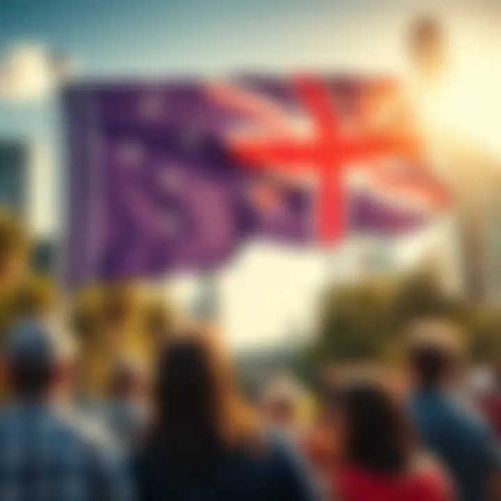 Australian flag waving over a diverse group gathered in a city park symbolizing unity and opportunity