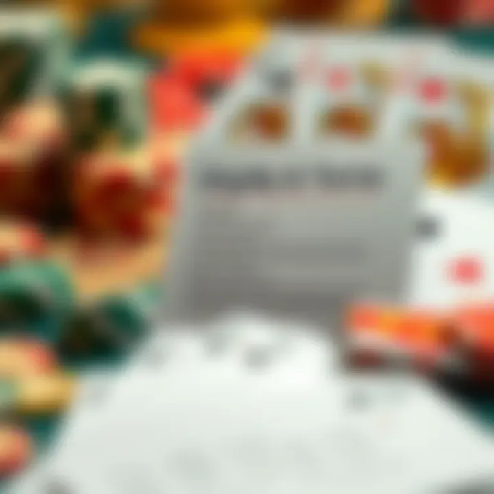 Checklist displaying eligibility criteria and terms against a background of casino elements like cards and tokens