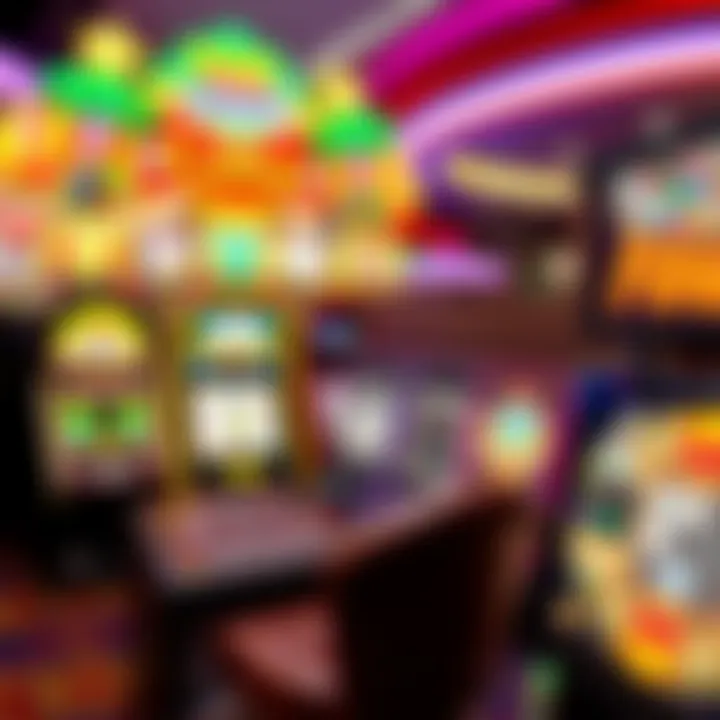 Colorful online casino game screen with various slot machines and card games