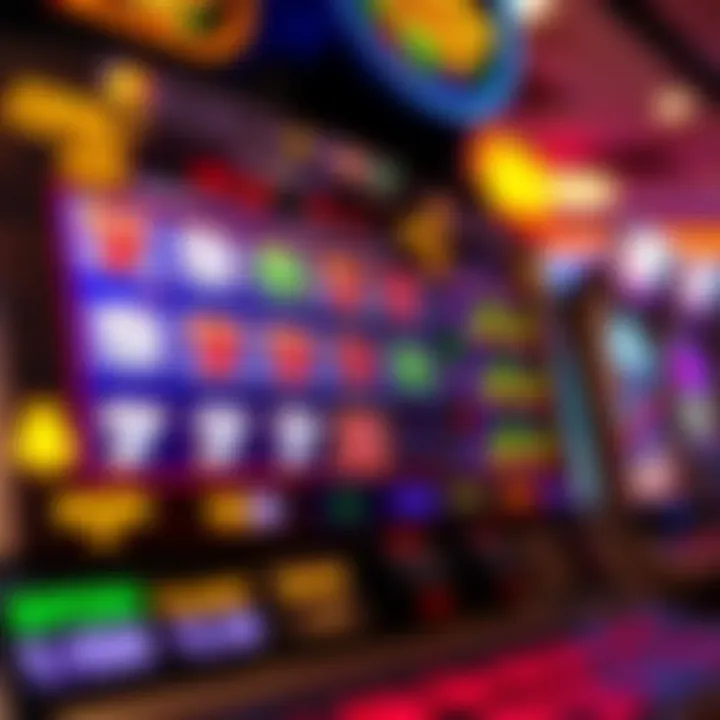 Colorful slot machine reels displaying winning combinations in a casino setting
