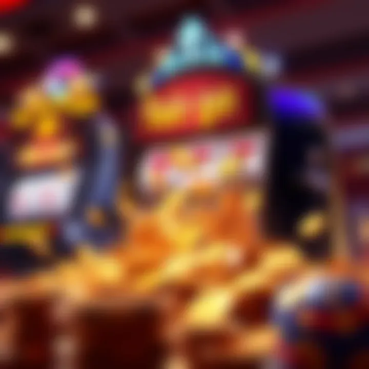 Illustration of a casino slot machine with jackpot coins overflowing representing Fair Go Casino bonus rewards