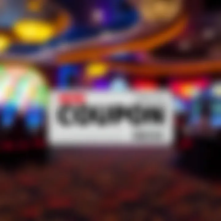 Graphic showing a digital coupon code with casino-themed background and glowing accents
