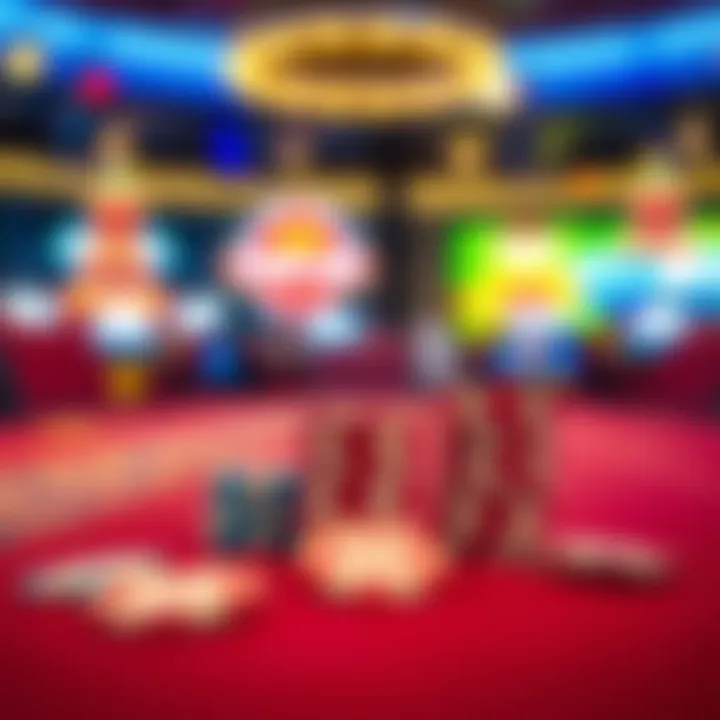 Casino chips stacked on a gaming table with bright lights in the background