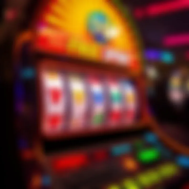 Bright casino slot machine with vibrant spinning reels showcasing various symbols and a jackpot display