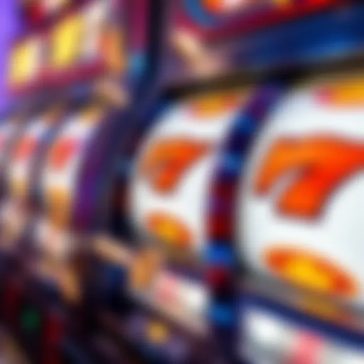 Bright slot machine reels displaying winning combinations with coins spilling out