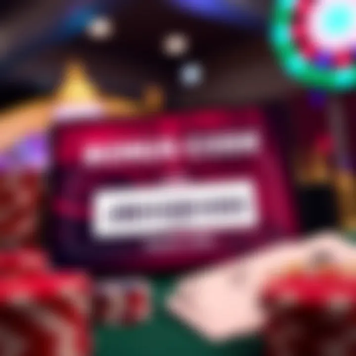 A digital coupon code displayed on a screen with casino chips and playing cards