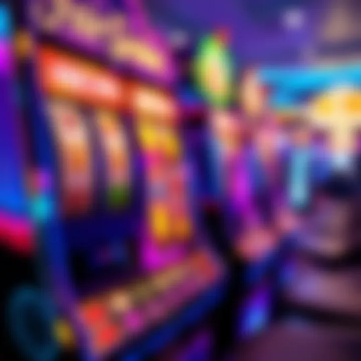 Colorful casino slot machine with vibrant spinning reels showing winning symbols