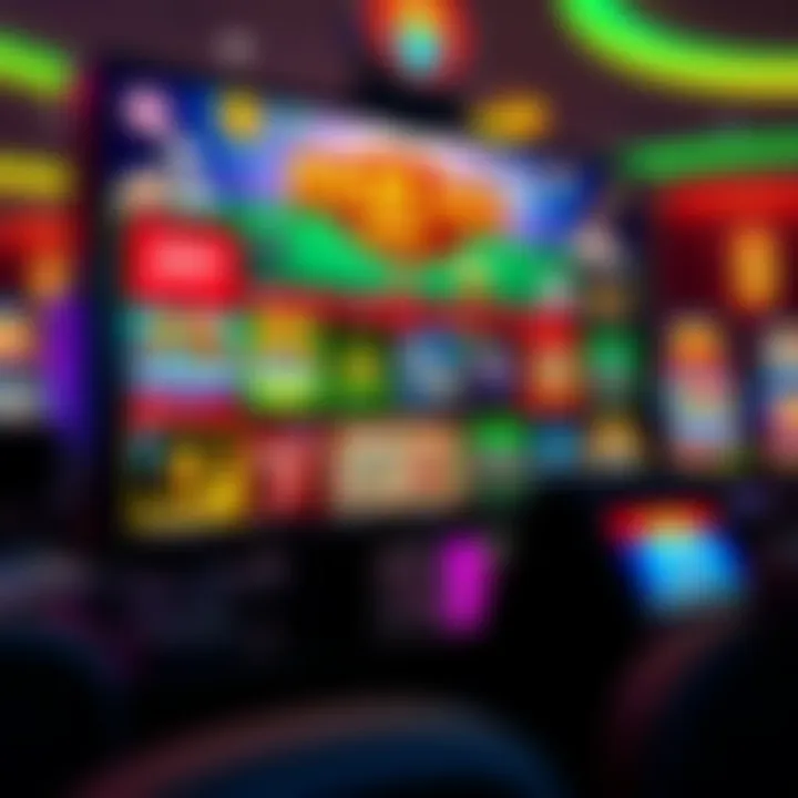 Colorful online casino interface with various slot games and poker options on screen