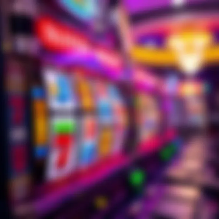 Colorful casino slot machine reels with winning symbols and bright lights