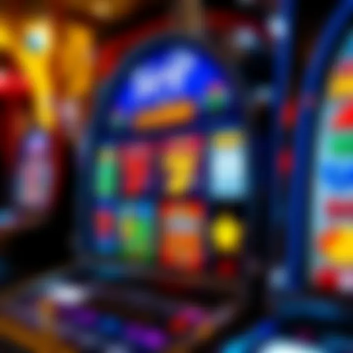 Colorful casino slot machine reels with various symbols and bright lights