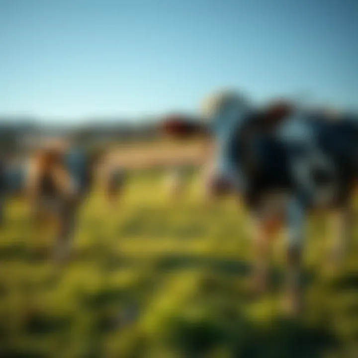 A scenic Australian dairy farm with cows grazing on green pasture under a clear sky