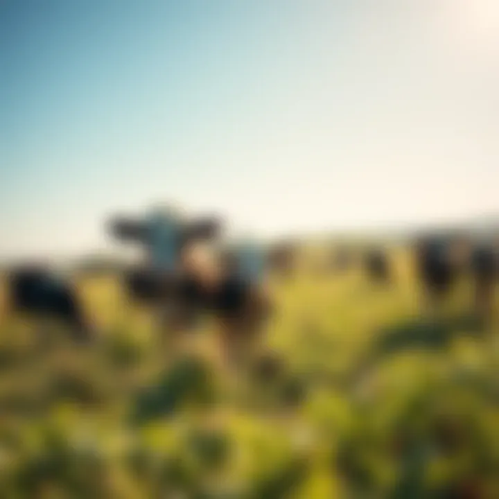 Farm animals grazing in a lush green field under clear blue sky
