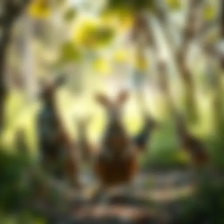 Native Australian wildlife such as kangaroos and birds in natural habitat