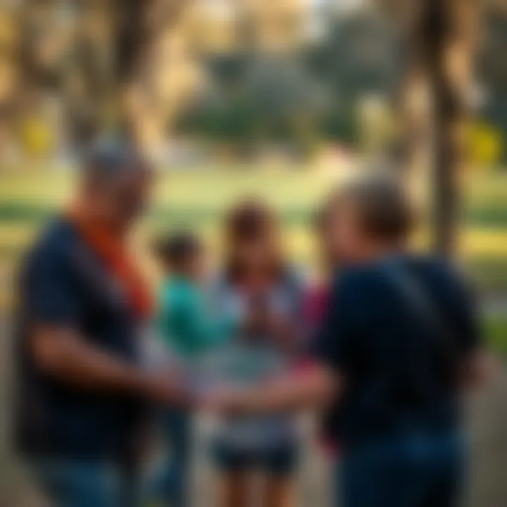 Community members collaborating in a park setting to support child development programs