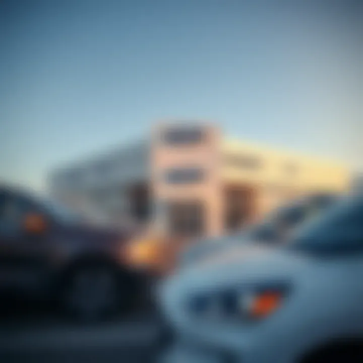 Ford dealership showcasing a range of new vehicles under clear sky