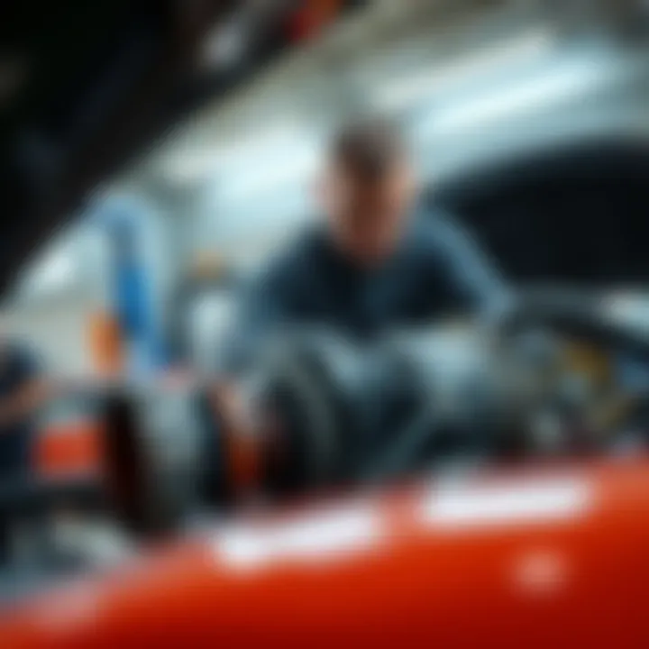 Mechanic performing maintenance on a vehicle's transmission in a garage