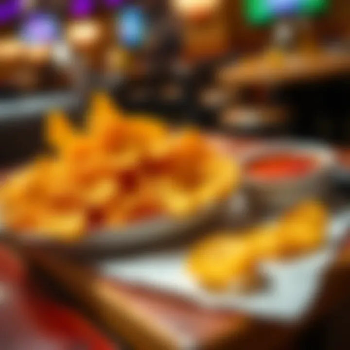 A plate filled with golden crispy chips alongside a small bowl of tomato sauce on a wooden table