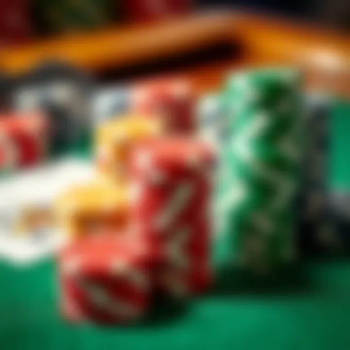 Colorful casino chips stacked on a green felt table with playing cards nearby