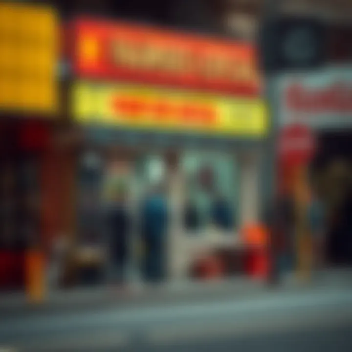 Small local shopfront with vibrant signage and community members engaging outside