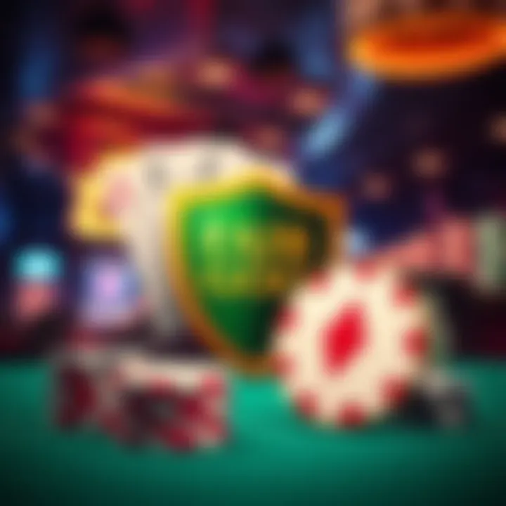 Illustration of a secure and responsible gaming environment with poker chips and a safety shield