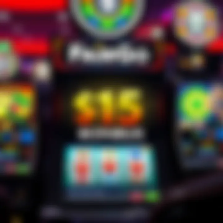 Illustration showing a vibrant online casino interface with slot machine icons and a $15 bonus highlight