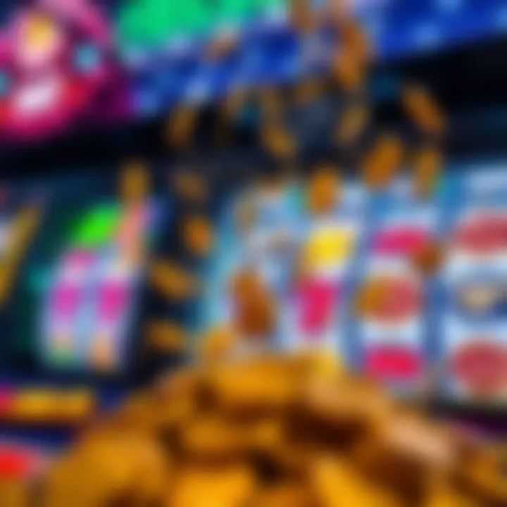 Colorful slot machine reels showing winning symbols and coins bursting out