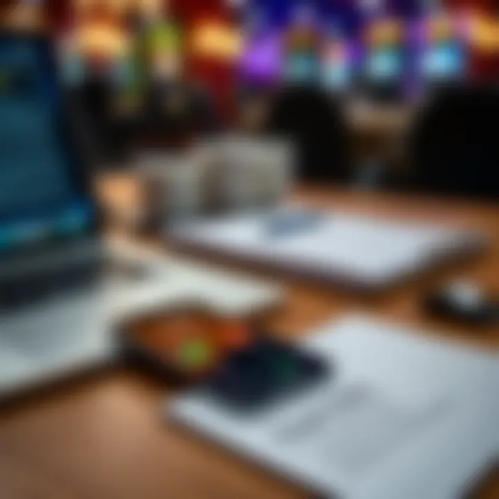 Close-up of a desk with a laptop, smartphone, and a notepad showing contact information