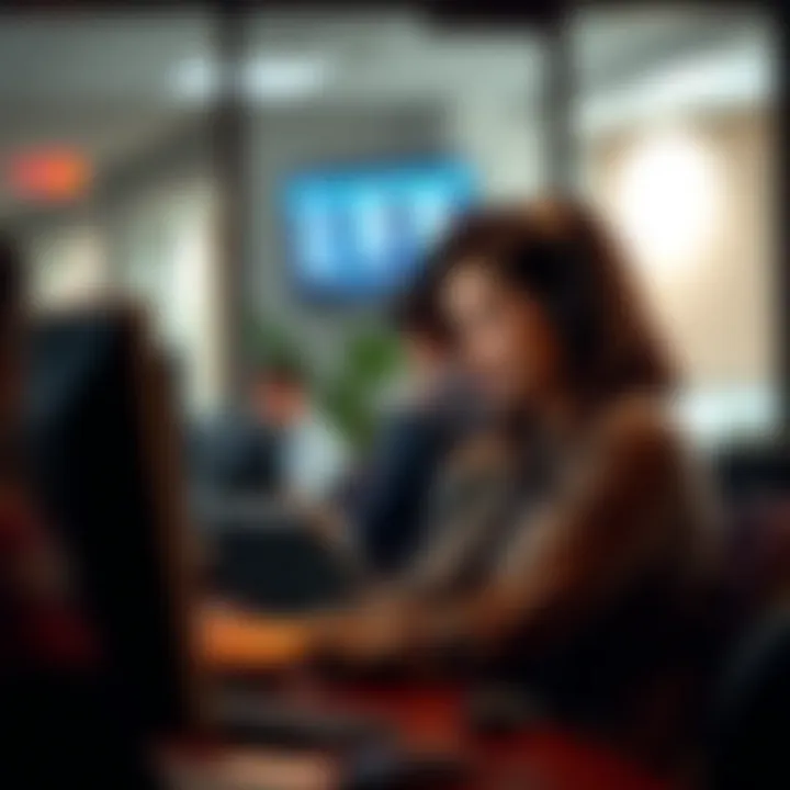 Customer service representative speaking with a client over the phone in a bright office environment