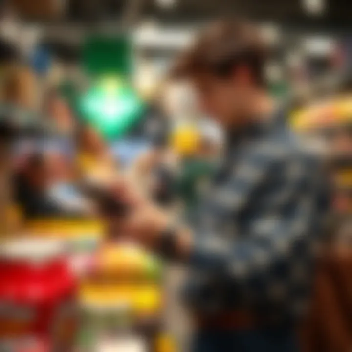 Illustration of a shopper comparing prices and offers on a digital tablet with a background of diverse products