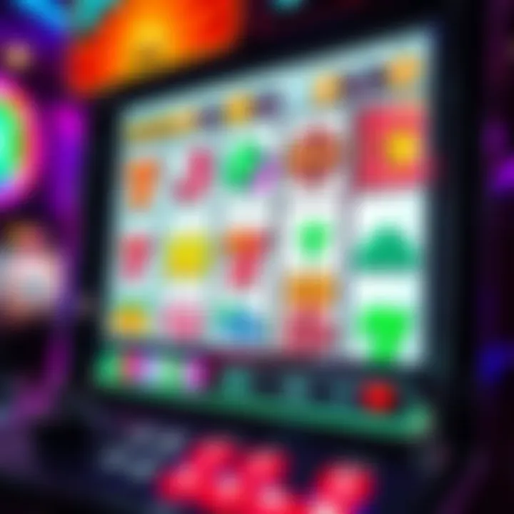 Colorful online pokies interface with reels showing various symbols and a prominent spin button