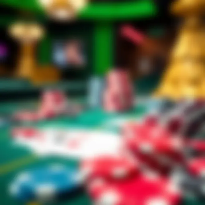 Colorful casino chips and playing cards on a casino table