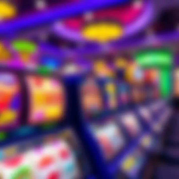 Colorful slot machine reels with various symbols and a vibrant casino background