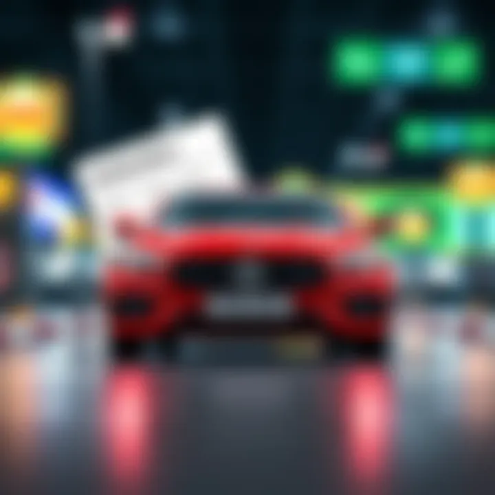 Illustration of an Australian car with loan documents and currency symbols representing car loan options