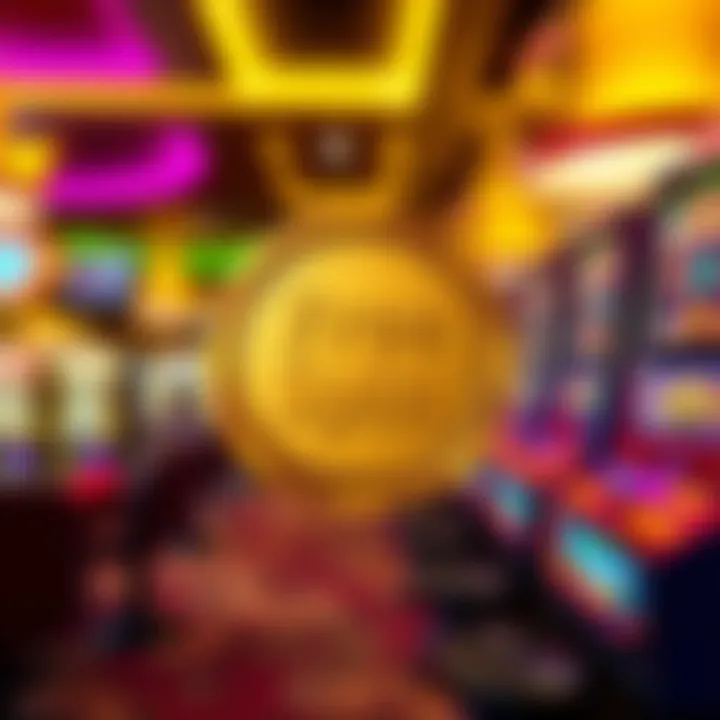 Graphic illustrating a golden casino chip with free spin text surrounded by vibrant slot machine symbols