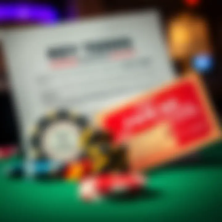 Visual representation of terms and conditions document beside a casino chip and promotional voucher